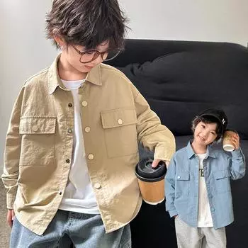 Весна и осень Мальчики Новая свободная повседневная однотонная верхняя рубашка 110cm синий