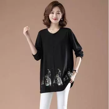 Весна и осень, мать среднего возраста, большие ярды в длинной секции свободных женских рубашек, затеняющая рубашка с низом живота, верхняя одежда для полных женщин XL [Recommended 120-67.5 kg] чёрный