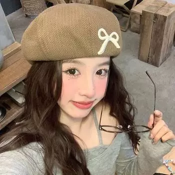 Весна и осень мода элегантный темперамент шляпа художника повседневный ретро универсальный вышитый бант берет женский M (56-58cm) - Pumpkin hat with bow