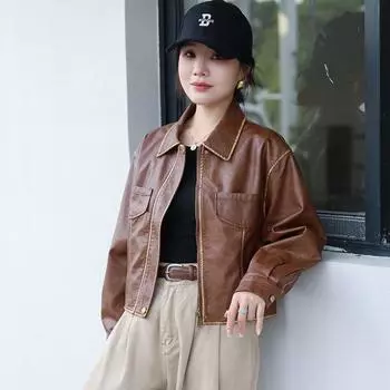 Весна и осень модная иностранная кожаная куртка новогодняя свободная короткая ретро-стиль маленькая кожаная куртка для мам женская куртка M