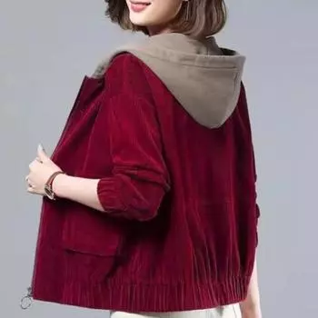 Весна и осень модное вельветовое короткое пальто с капюшоном для женщин, свободное пальто с длинными рукавами, кардиган, пальто с капюшоном, большой размер L красный