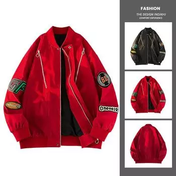 Весна и осень модный бренд High Street Fashion контрастного цвета воротник стойка куртка мужская свободная универсальная повседневная куртка универсальный топ M