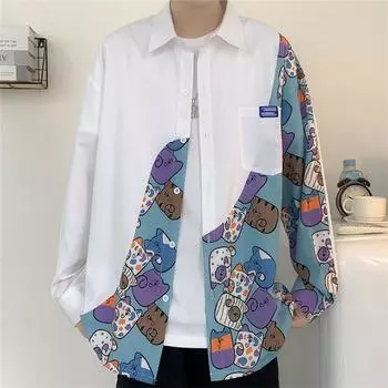 Весна и осень мультяшная вышивка с длинными рукавами мужская свободная рубашка в корейском стиле для пар в стиле Харадзюку национальная мода кардиган куртка M синий