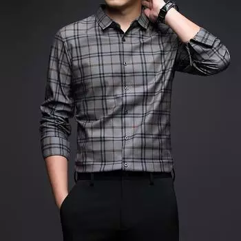 Весна и осень мужская дышащая тонкая рубашка среднего возраста новая деловая с длинным рукавом с лацканами в клетку повседневная мода M