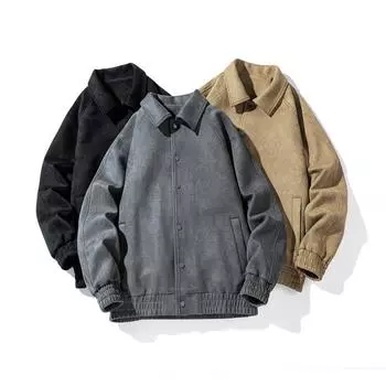 Весна и осень мужская мода универсальная куртка с лацканами однотонная ретро-цветная замшевая бейсбольная куртка мужская M