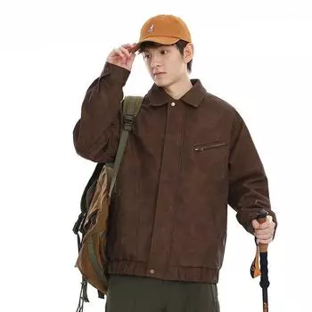 Весна и осень мужская новая американская ретро повседневная кожаная куртка с лацканами пальто S темно-коричневого
