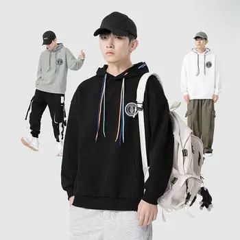 Весна и осень мужская новая свободная повседневная однотонная толстовка с капюшоном M чёрный