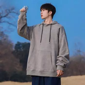 Весна и осень Мужская новая свободная универсальная однотонная толстовка с капюшоном M чёрный