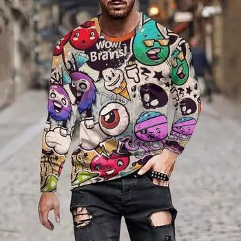 Весна и осень мужская повседневная простая трендовая свободная абстрактная мультяшная нерегулярная дышащая футболка с длинным рукавом S