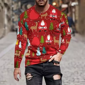 Весна и осень Мужская простая свободная тенденция Простая мультяшная рождественская иллюстрация в стиле с длинными рукавами для отдыха Футболка 5XL