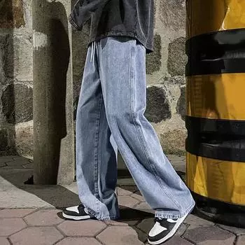Весна и осень Мужские классические прямые джинсы с эластичным поясом Широкие брюки Прямые свободные брюки High Street Мужские мешковатые джинсы XS чёрный