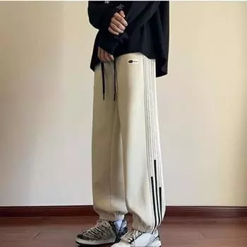 Весна и осень мужские новые американские ретро-браслеты на ногу спортивные повседневные полосатые по бокам спортивные штаны M чёрный