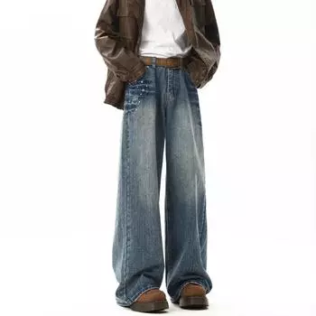Весна и осень Мужские новые повседневные джинсы прямого покроя в американском стиле в стиле ретро с широкими штанинами M синий