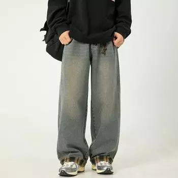 Весна и осень мужские новые повседневные джинсы в клетку в американском стиле свободного кроя M чёрный