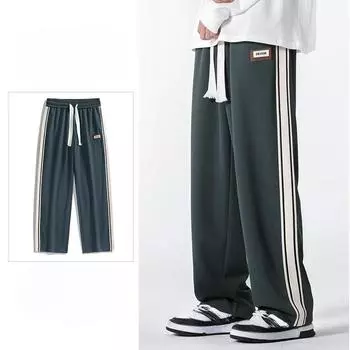 Весна и осень мужские новые винтажные свободные прямые спортивные брюки с боковыми полосками M чёрный