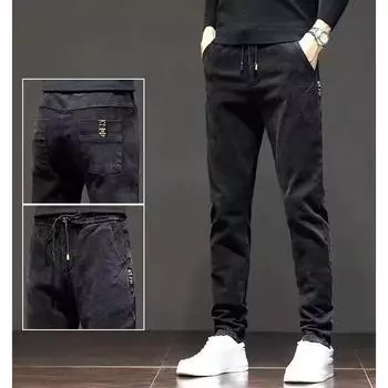 Весна и осень мужские повседневные однотонные джинсы с эластичной резинкой на талии XXXXXL чёрный