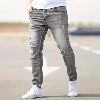 Весна и осень мужские повседневные рваные однотонные джинсы XS чёрный
