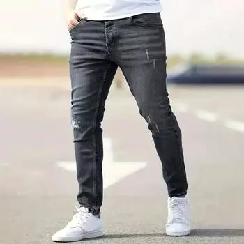 Весна и осень мужские повседневные рваные однотонные джинсы XXL чёрный