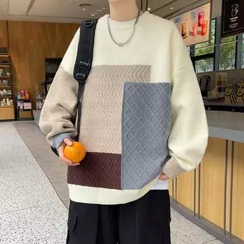 Весна и осень мужской новый контрастный цвет свободный повседневный круглый вырез вязаный свитер XL белый