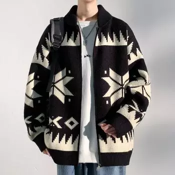 Весна и осень мужской новый свободный повседневный вязаный кардиган M чёрный