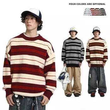 Весна и осень мужской новый винтажный полосатый свободный повседневный свитер с круглым вырезом M черный серый
