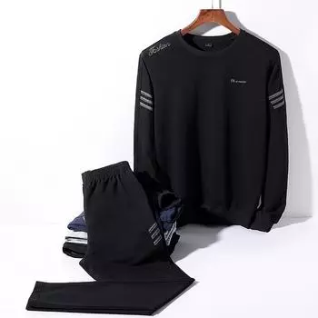 Весна и осень мужской повседневный спортивный костюм с длинными рукавами брюки свитер спортивная одежда из двух частей XL чёрный