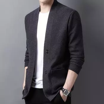 Весна и осень мужской вязаный свитер кардиган мужское пальто топ модный повседневный однотонный свитер мужской M