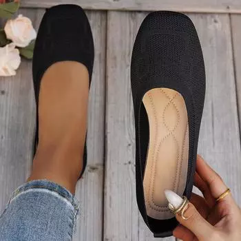 Весна и осень НОВЫЕ однотонные трикотажные женские туфли с мягкой подошвой, удобные, непромокаемые, женские туфли на плоской подошве 36 чёрный