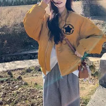 Весна и осень Новая бейсбольная куртка в стиле ретро Maillard Academy с вышитой пятиконечной звездой и воротником-стойкой, свободное взрывное пальто S жёлтый