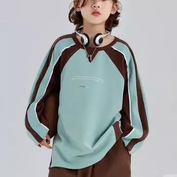 Весна и осень Новая детская одежда Ретро контрастного цвета сшитый длинный рукав свитер 110cm зелёный