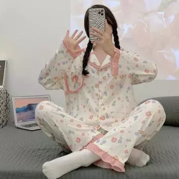 Весна и осень Новая домашняя одежда Милый женский пижамный комплект Свободный пижамный комплект для девочек Японская повседневная домашняя одежда M