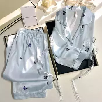 Весна и осень, новая домашняя пижама из ледяного шелка, женская, с длинными рукавами, тонкая, прохладная, с принтом маленькой бабочки, домашняя одежда, костюм M