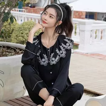 Весна и осень Новая домашняя пижама с воротником в этническом стиле Доступна в черном, белом, красном и желтом цветах M чёрный