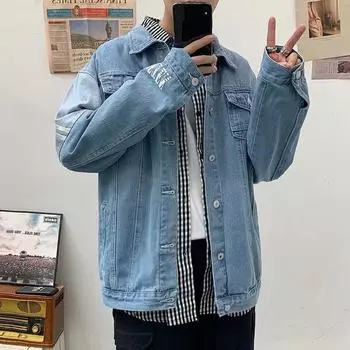 Весна и осень новая джинсовая куртка мужская американская уличная мода свободная универсальная повседневная куртка с принтом куртка S