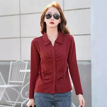 Весна и осень, новая футболка с длинными рукавами, женская плиссированная рубашка из чистого хлопка, свободная и модная рубашка поло с лацканами, повседневный топ XXL чёрный