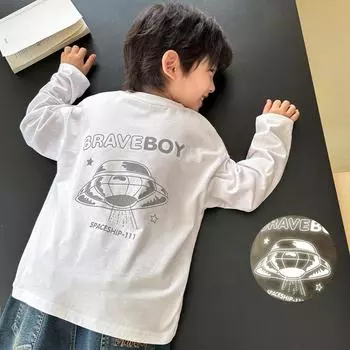 Весна и осень, новая хлопковая футболка с длинным рукавом с принтом для мальчиков 110cm белый