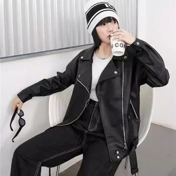 Весна и осень, новая корейская кожаная куртка в стиле BF, свободная куртка, большой размер, мотоциклетная куртка, красивый мотоциклетный костюм для женщин S