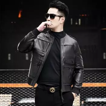 Весна и осень новая кожаная куртка мужская с воротником-стойкой короткая бейсбольная куртка кожаная мотоциклетная куртка Haining Hunting тонкая приталенная куртка M чёрный