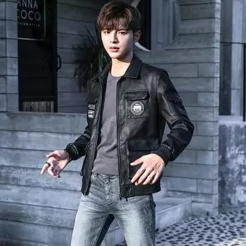Весна и осень, новая кожаная куртка пилота в стиле милитари, мужская облегающая кожаная куртка большого размера с вышитыми лацканами M чёрный