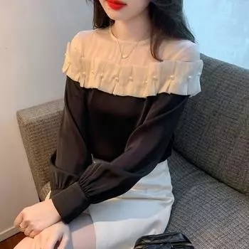 Весна и осень Новая красивая шифоновая рубашка, Дизайн Sense of Niche Splicing Маленькая рубашка, Модная рубашка с длинными рукавами для пожилых людей Sense of The Top S чёрный