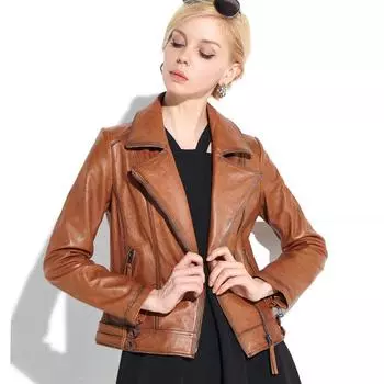Весна и осень Новая куртка из натуральной кожи Женская короткая тонкая куртка из овчины для мотоцикла Куртка модная и универсальная M