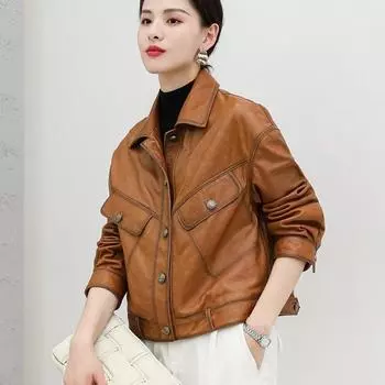 Весна и осень Новая куртка из натуральной кожи Женская короткая свободная куртка из овчины для мотоцикла Кожаная куртка Повседневная и универсальная M