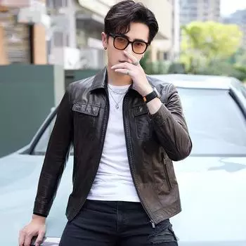 Весна и осень Новая куртка из натуральной кожи Мужская куртка из овчины Полуприталенная куртка с короткими лацканами Молодежная куртка Модная M