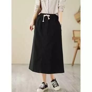 Весна и осень, новая литературная, ретро и тонкая завязка на талии, свободная и универсальная юбка средней и длинной А-образной формы для инструментов M
