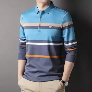 Весна и осень, новая мода для мужчин среднего возраста, повседневная футболка с длинными рукавами, воротник-поло, полоски, нижняя часть, рубашка-поло M