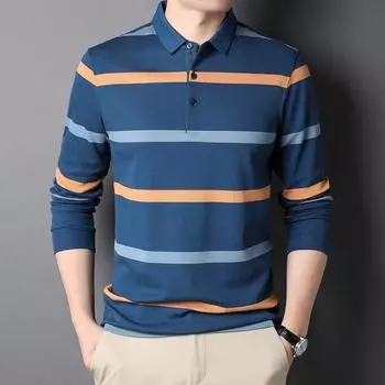 Весна и осень Новая мода повседневная футболка полосатая рубашка поло с длинным рукавом и лацканами нижняя рубашка футболка M
