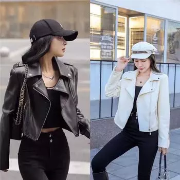 Весна и осень новая модная черная куртка с лацканами и высокой талией, короткая кожаная куртка на молнии для женщин S
