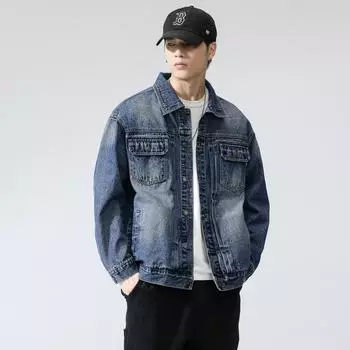 Весна и осень, новая мужская джинсовая куртка в корейском стиле с множеством карманов и стильными лацканами, модная и универсальная куртка S