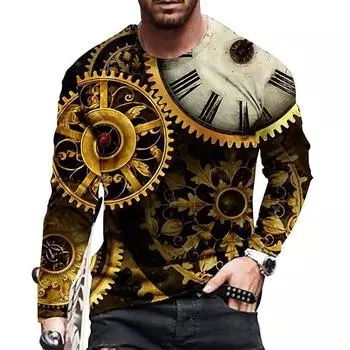 Весна и осень, новая мужская футболка, большой свободный круглый вырез, длинный рукав, цифровая печать, модная футболка, топ M