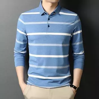 Весна и осень, новая мужская футболка с длинными рукавами, модная молодежная повседневная деловая рубашка-поло с полосатыми лацканами для мужчин M